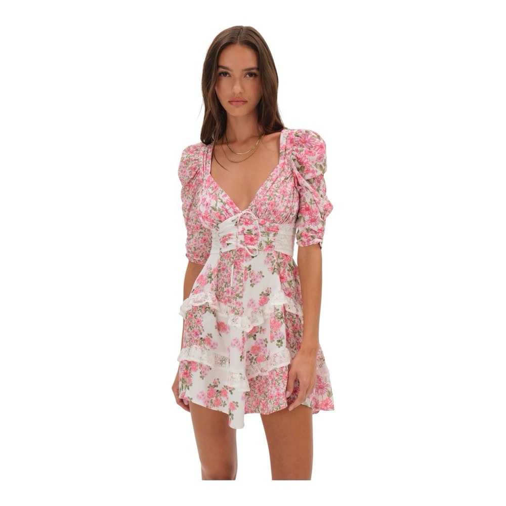 For Love & Lemons Rosalyn Mini Dress Women's Small Floral Coquette Short Sleeve